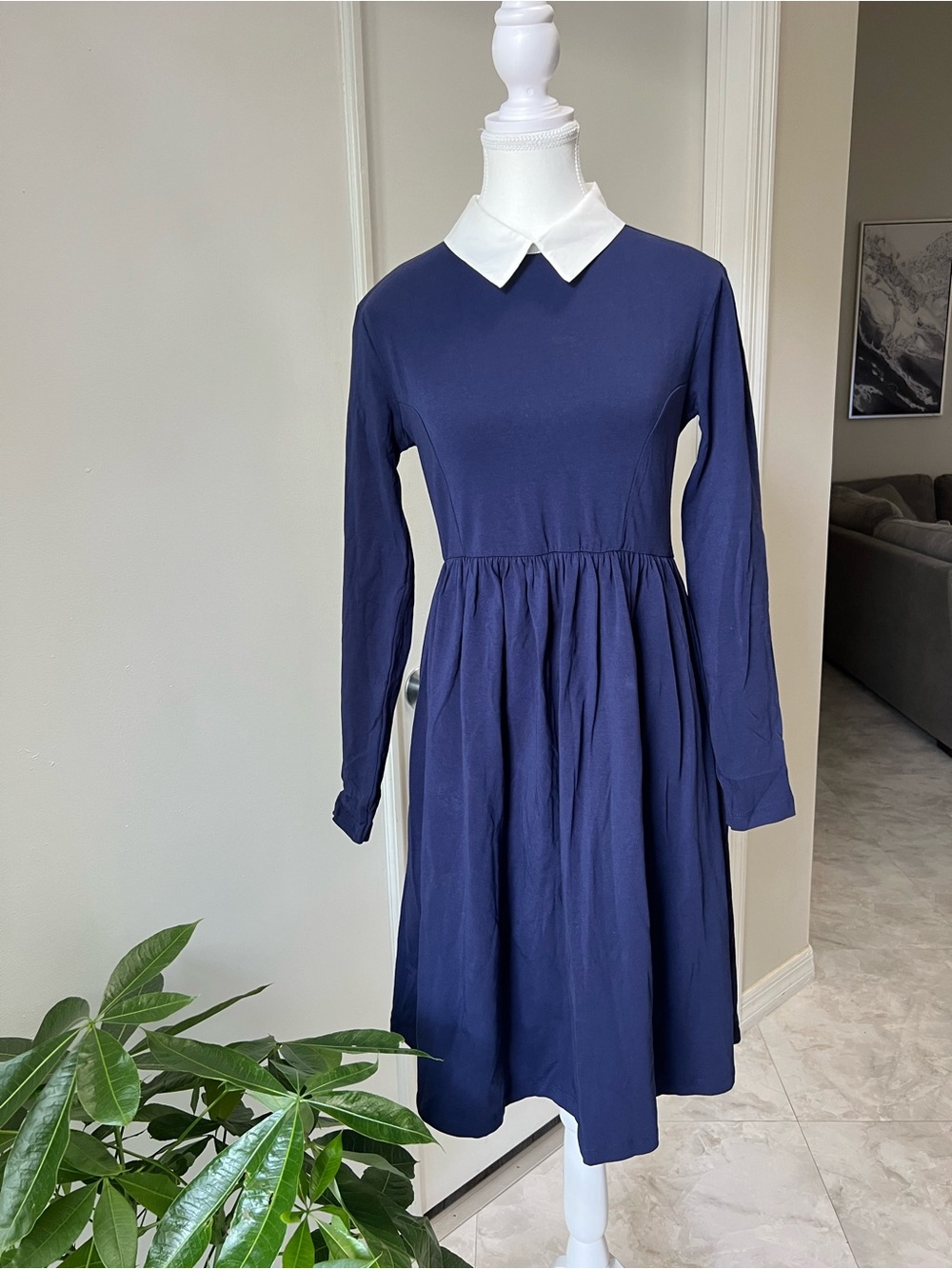 ASOS Maternity Deep Blue Dress with White Pointed Collar (Universally Wearable)